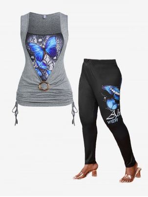 Cinched Butterfly Twofer Tank Top and Leggings Plus Size Summer Outfit
