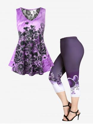 Skull Heart Lace Panel Tank Top and Capri Leggings Plus Size Summer Outfit
