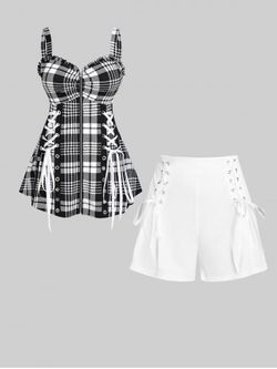Lace Up Full Zip Plaid Tank Top and High Waist Wide Leg Short Plus Size Summer Outfit - BLACK