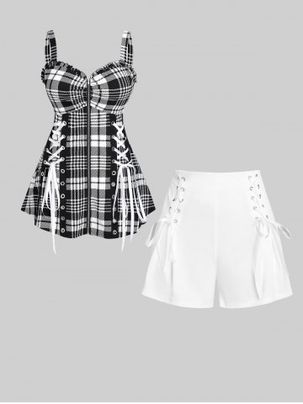 Lace Up Full Zip Plaid Tank Top and High Waist Wide Leg Short Plus Size Summer Outfit