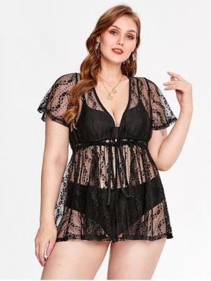 Plus Size See Thru Lace Plunging Cover Up Dress