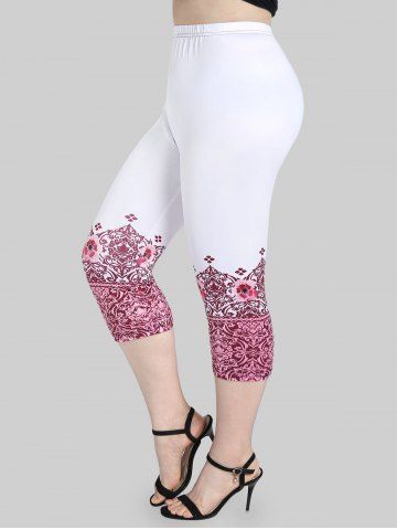 Plus Size High Waist Tribal Floral Print Capri Leggings - WHITE - 3X | US 22-24