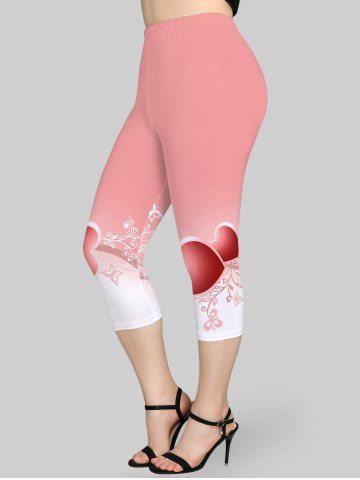 Plus Size High Waist Floral Heart Print Capri Skinny Leggings - LIGHT PINK - S | US 8