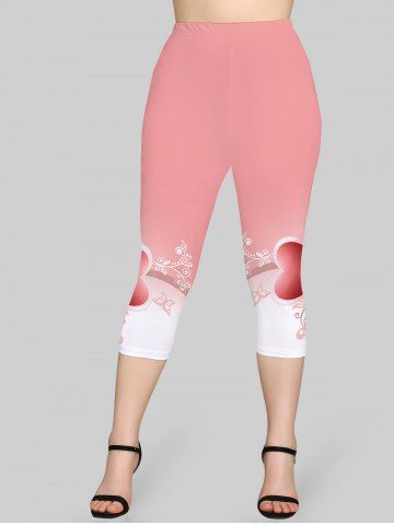 Plus Size High Waist Floral Heart Print Capri Skinny Leggings