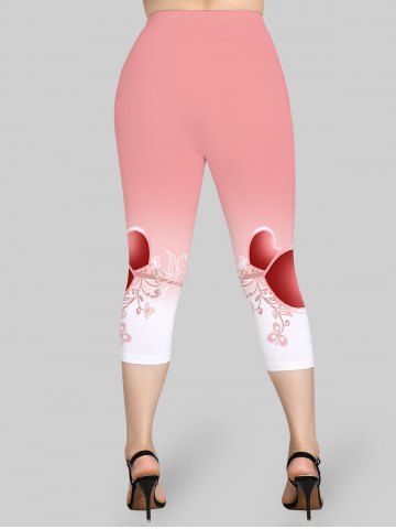 Plus Size High Waist Floral Heart Print Capri Skinny Leggings