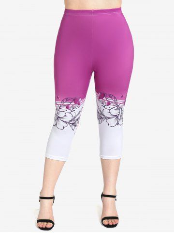 Plus Size High Waist Floral Print Skinny Capri Leggings