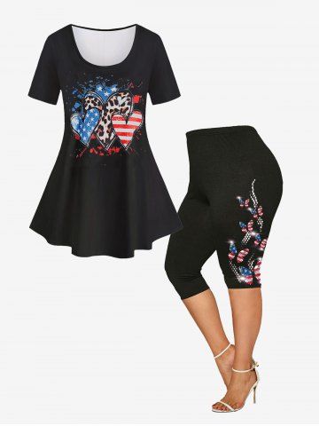 Patriotic American Flag Heart Print Tee and American Flag 3D Printed Skinny Capri Jeggings Plus Size Summer Outfit - BLACK
