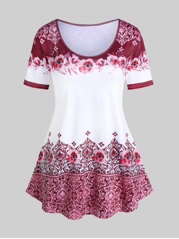 Plus Size Floral Tribal Print Casual Tee - DEEP RED - 5X | US 30-32