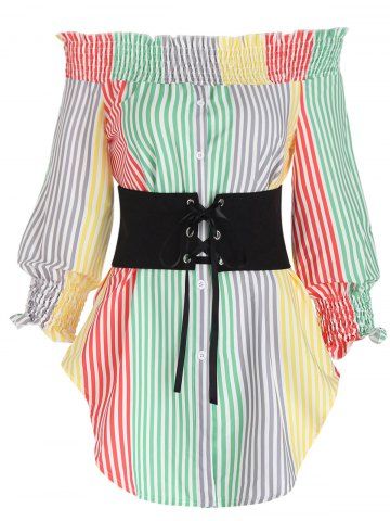 Colored Striped Floral Print Off the Shoulder Ruched Corset Long Sleeve Vacation Shirt - MULTI - S