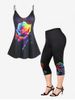 Rainbow Rose Butterfly Print Tank Top and Capri Leggings Plus Size Summer Outfit -  