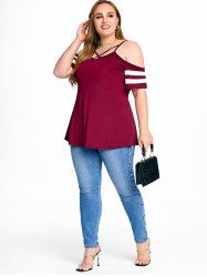 Colorblock Cold Shoulder Crisscross Tee and Studded Jeans Plus Size Summer Outfit -  