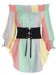 Colored Striped Floral Print Off the Shoulder Ruched Corset Long Sleeve Vacation Shirt -  