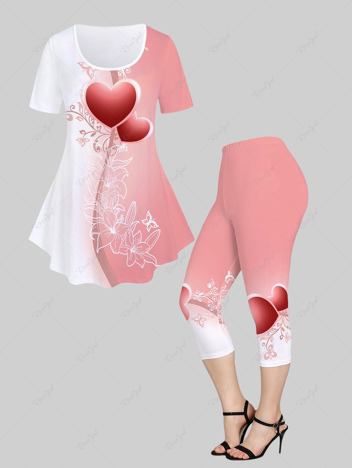 Fancy Heart Floral Print Colorblock Tee and Capri Leggings Valentines Plus Size Summer Outfit  