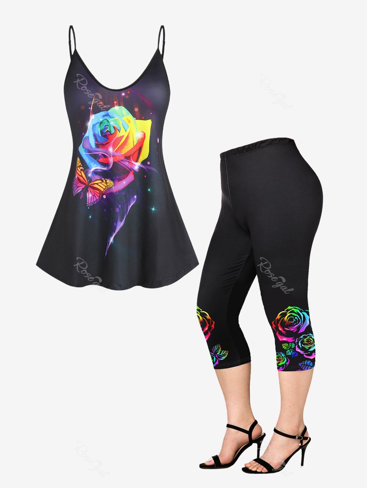Shop Rainbow Rose Butterfly Print Tank Top and Capri Leggings Plus Size Summer Outfit  