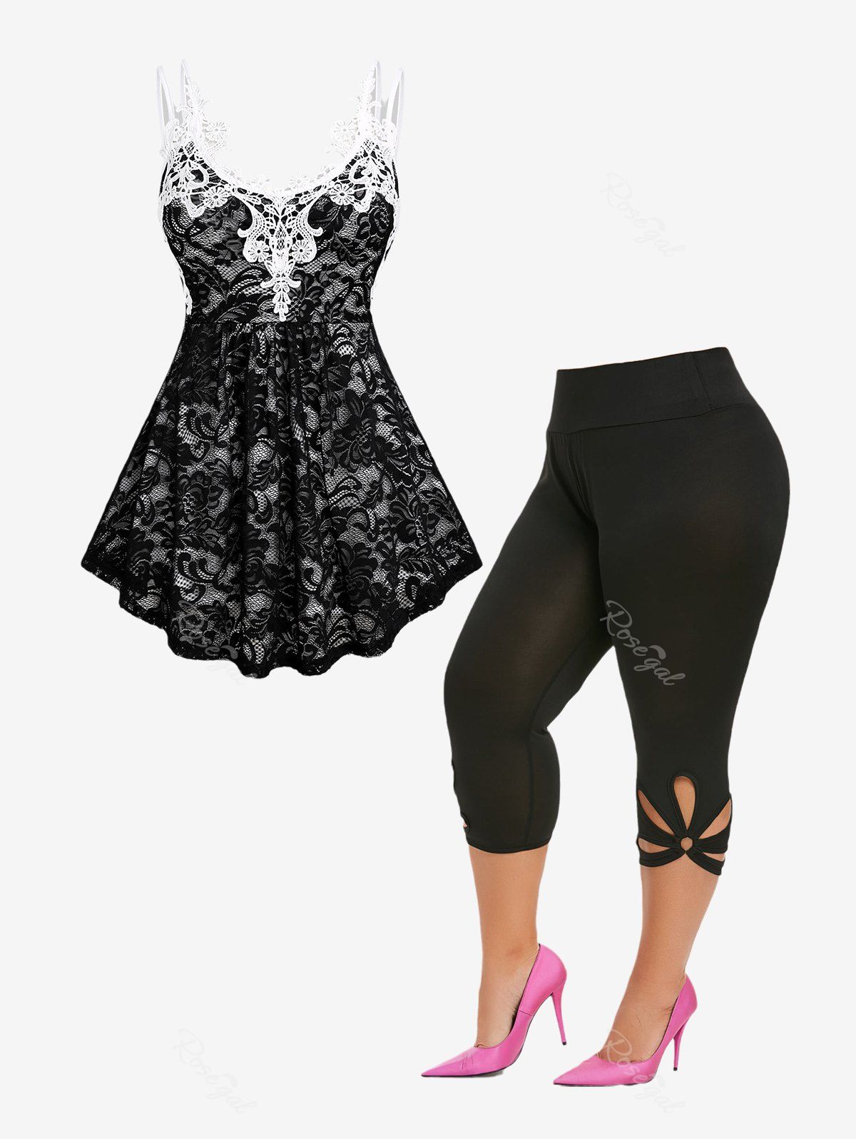 Trendy Lace Tank Top and High Rise Cut Out Capri Leggings Plus Size Summer Outfit  