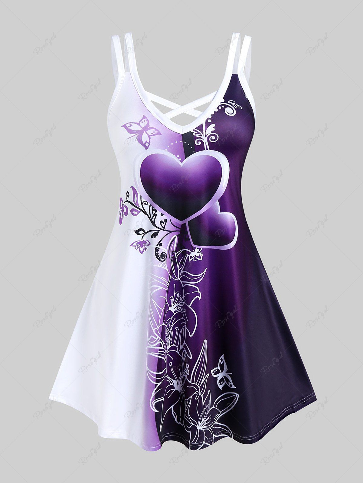 Buy Plus Size Colorblock Heart Floral Print Crisscross Sundress  