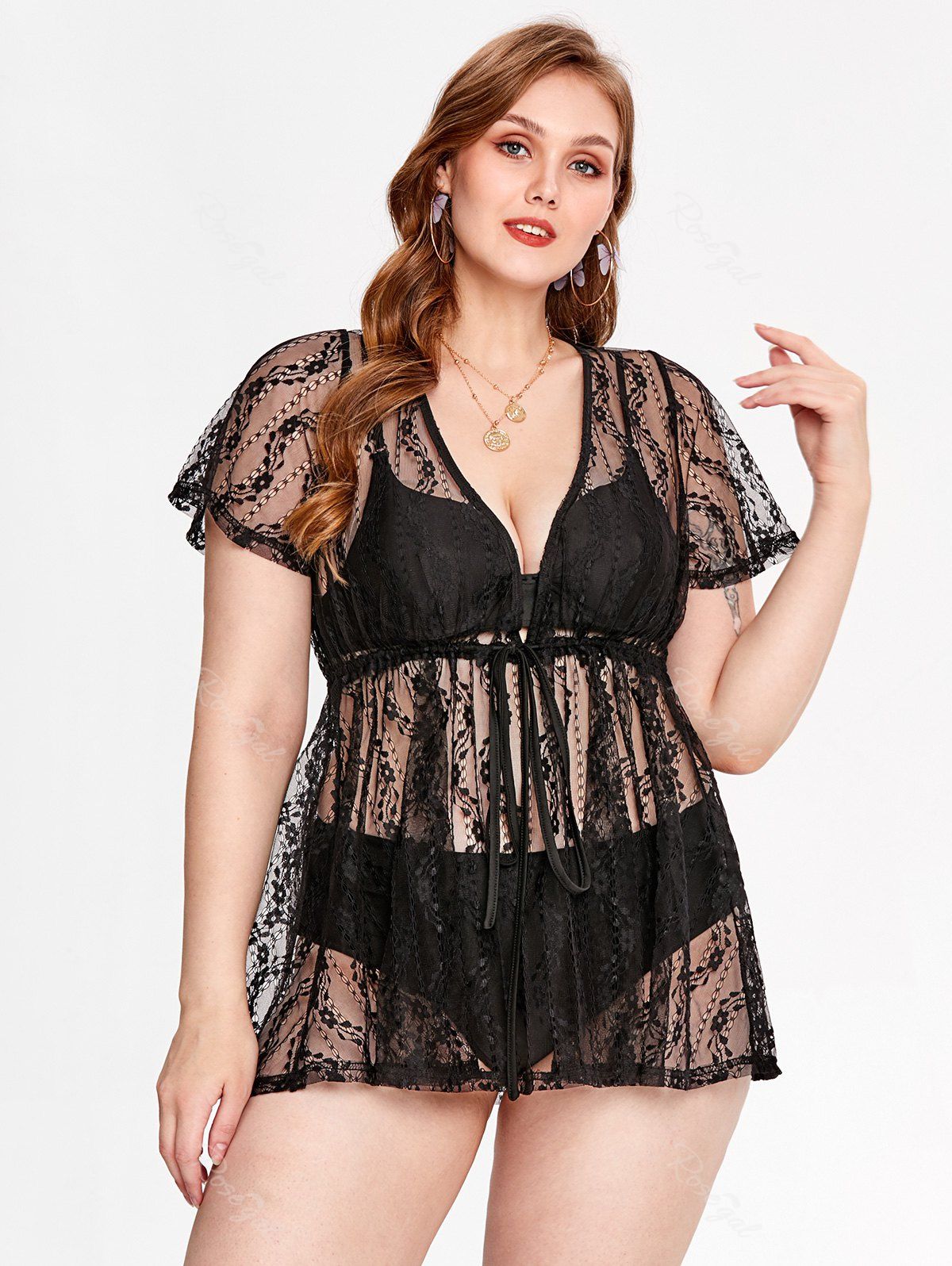 Trendy Plus Size See Thru Lace Plunging Cover Up Dress  
