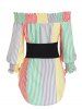 Colored Striped Floral Print Off the Shoulder Ruched Corset Long Sleeve Vacation Shirt -  