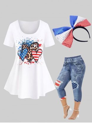 Patriotic American Flag Heart Print Tee and American Flag 3D Printed Skinny Capri Jeggings with Bowknot Colorblock Sequin Headband Plus Size Summer Outfit