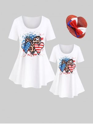 Mommy and Me American Flag Heart Patriotic Tee Outfit with Party Bowknot Sparkly Hats Decoration