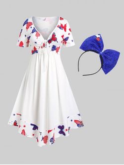 American Flag Butterfly Print Patriotic Dress With Glitter Bowknot Hair Band Plus Size Party Outfit - WHITE
