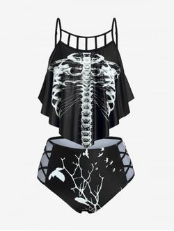 Plus Size Gothic Skeleton Print Ruffled Overlay Cutout Tankini Swimsuit - BLACK - L