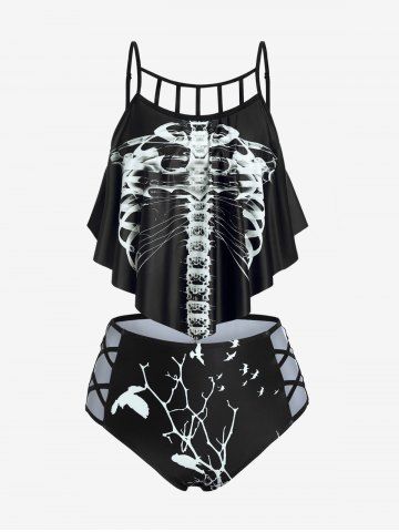 Plus Size Gothic Skeleton Print Ruffled Overlay Cutout Tankini Swimsuit - BLACK - 2X