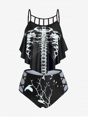 Plus Size Gothic Skeleton Print Ruffled Overlay Cutout Tankini Swimsuit