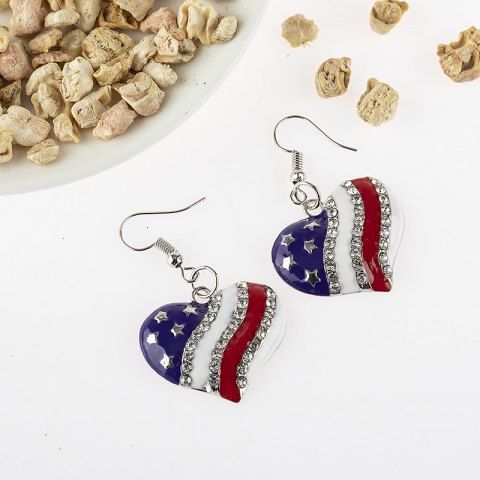 Patriotic USA Independence Day Heart Shape Rhinestone Drop Earrings