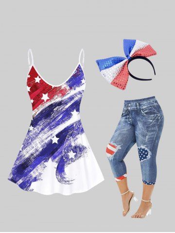 Patriotic American Flag Tank Top and Capri Leggings with Accessories Plus Size Summer Outfit - MULTI