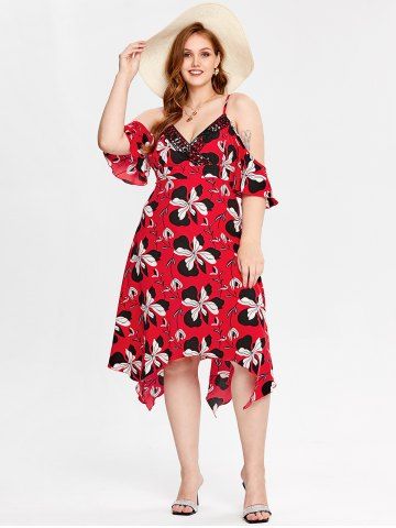 Plus Size & Curve Floral Cold Shoulder Handkerchief Surplice Maxi Dress - RED - 3X | US 22-24