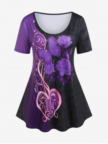 Plus Size Rose Butterfly Print Colorblock Tee