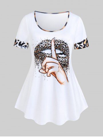 Plus Size Gesture Leopard Lip Print Tee - WHITE - M | US 10