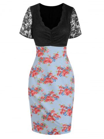 Vintage Straight Lace Insert Floral Print Midi Dress - LIGHT BLUE - L