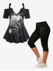 Gothic Skull Butterfly Cold Shoulder Tee and Studded Leggings Plus Size Summer Outfit -  
