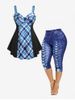 Plaid Knot Tank Top and 3D Lace Up Jean Print Capri Leggings Plus Size Summer Outfit -  