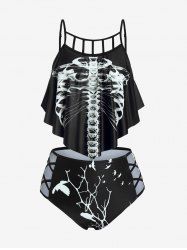 Plus Size Gothic Skeleton Print Ruffled Overlay Cutout Tankini Swimsuit -  