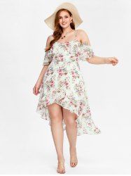 Plus Size Floral Print Cold Shoulder High Low Dress -  