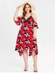 Maxi Robe Mouchoir Superposée Fleurie à Epaule Dénudée Grande Taille - Rouge 2X | US 18-20