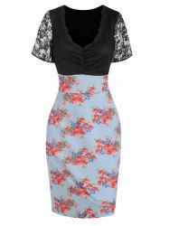 Vintage Straight Lace Insert Floral Print Midi Dress -  