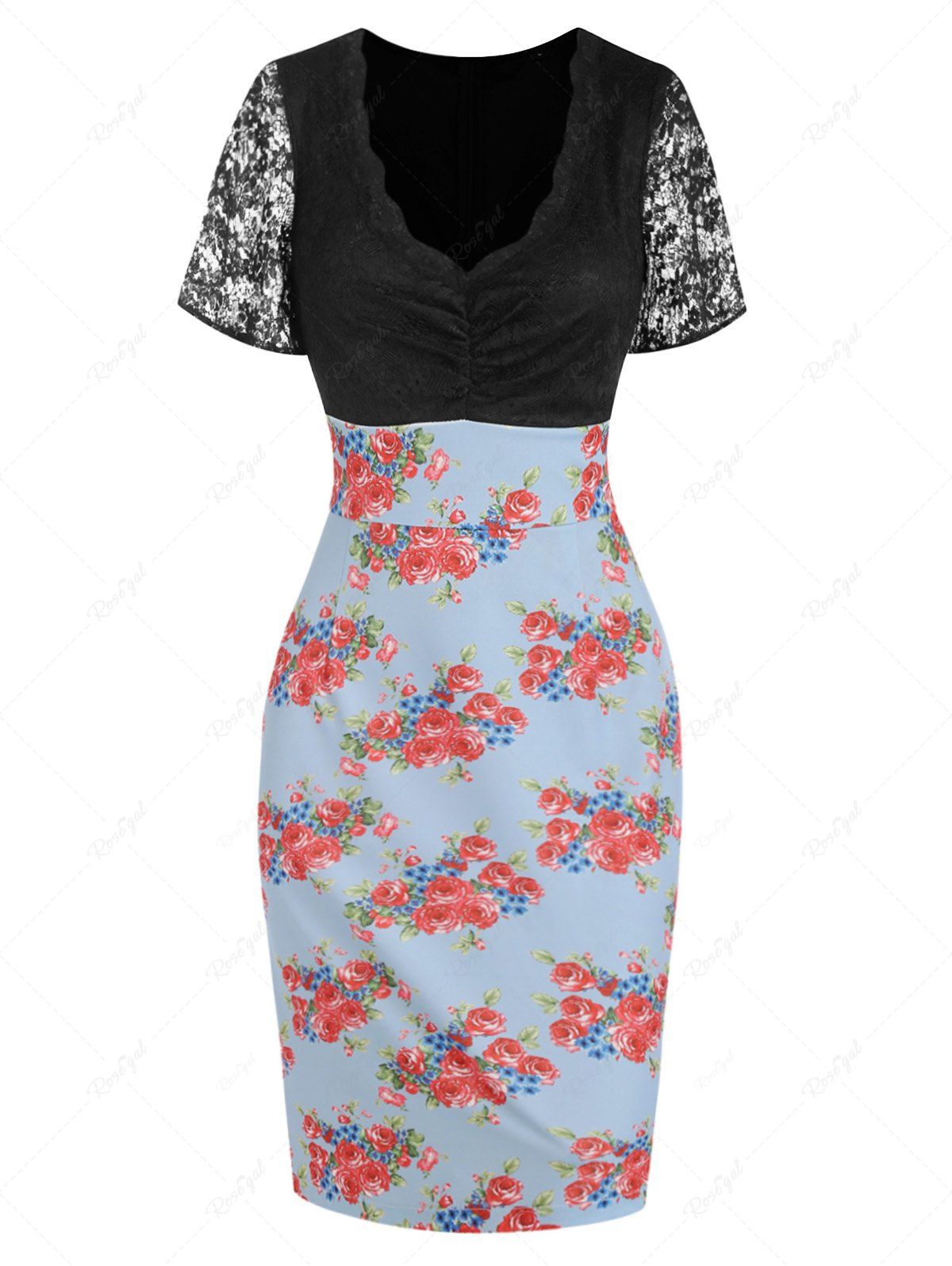 Trendy Vintage Straight Lace Insert Floral Print Midi Dress  
