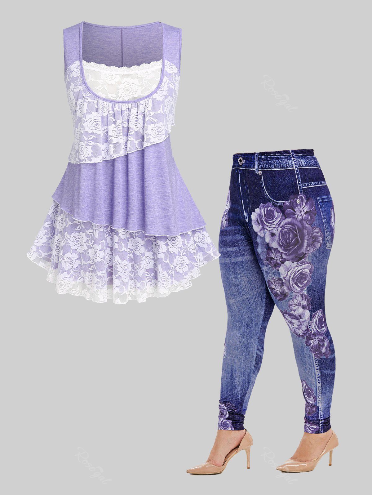 Hot Lace Panel Tiered Flowy Tank Top and Floral 3D Jeggings Plus Size Summer Outfit  