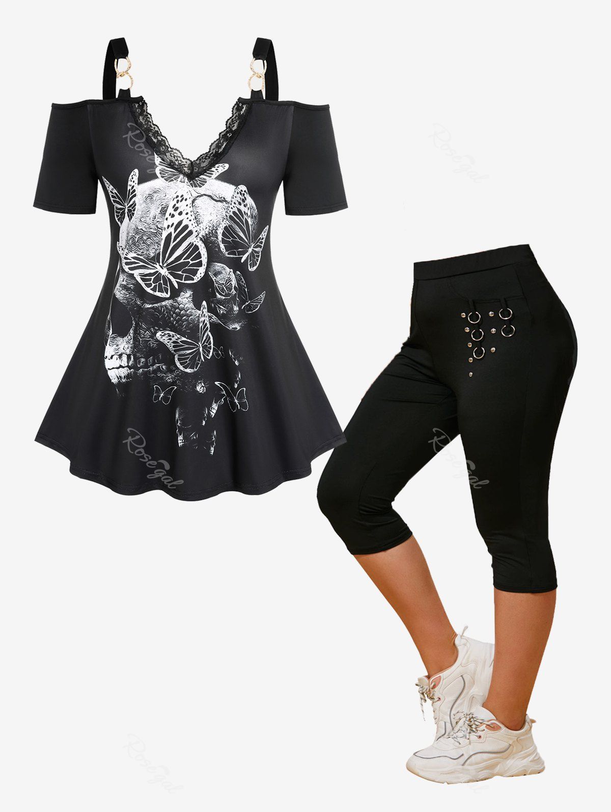 Latest Gothic Skull Butterfly Cold Shoulder Tee and Studded Leggings Plus Size Summer Outfit  