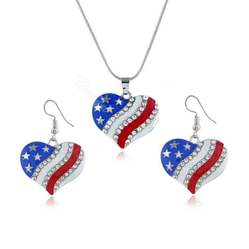 Fashion USA Independence Day Heart Shape Pendant Necklace And Drop Earrings Set  