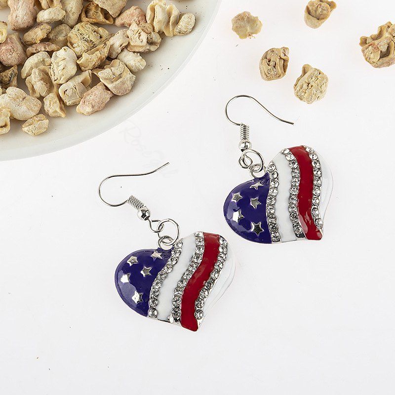 Cheap Patriotic USA Independence Day Heart Shape Rhinestone Drop Earrings  