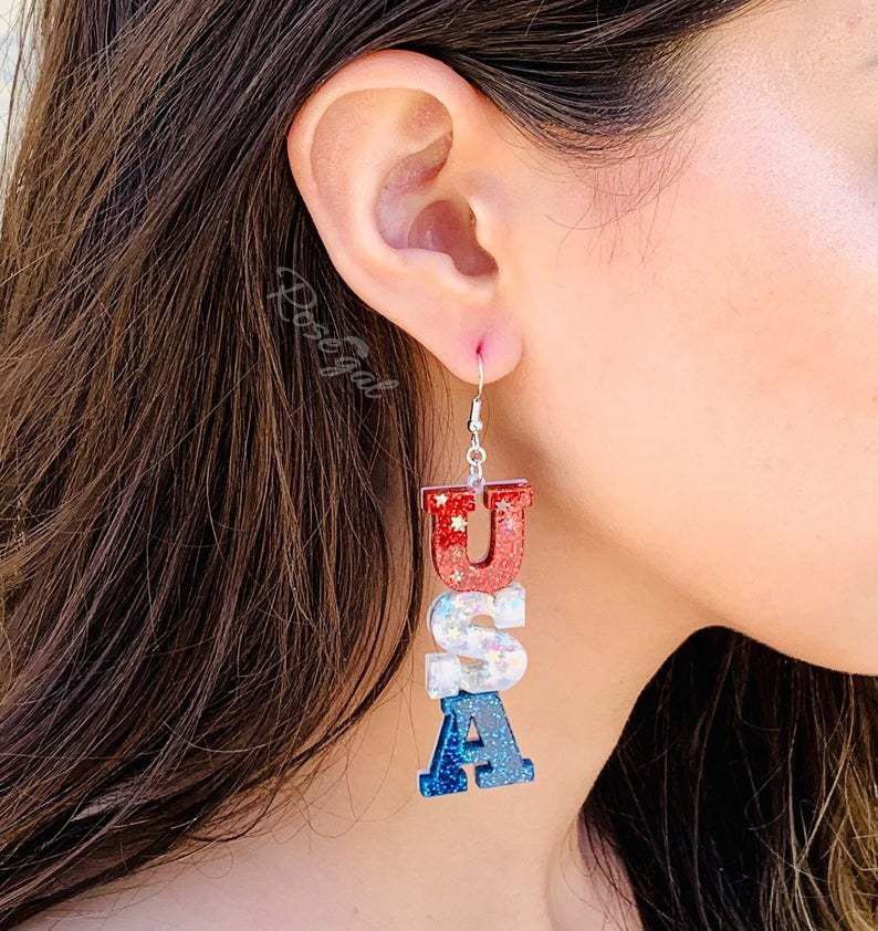 Sale Patriotic Independence Day Letters USA Drop Earrings  