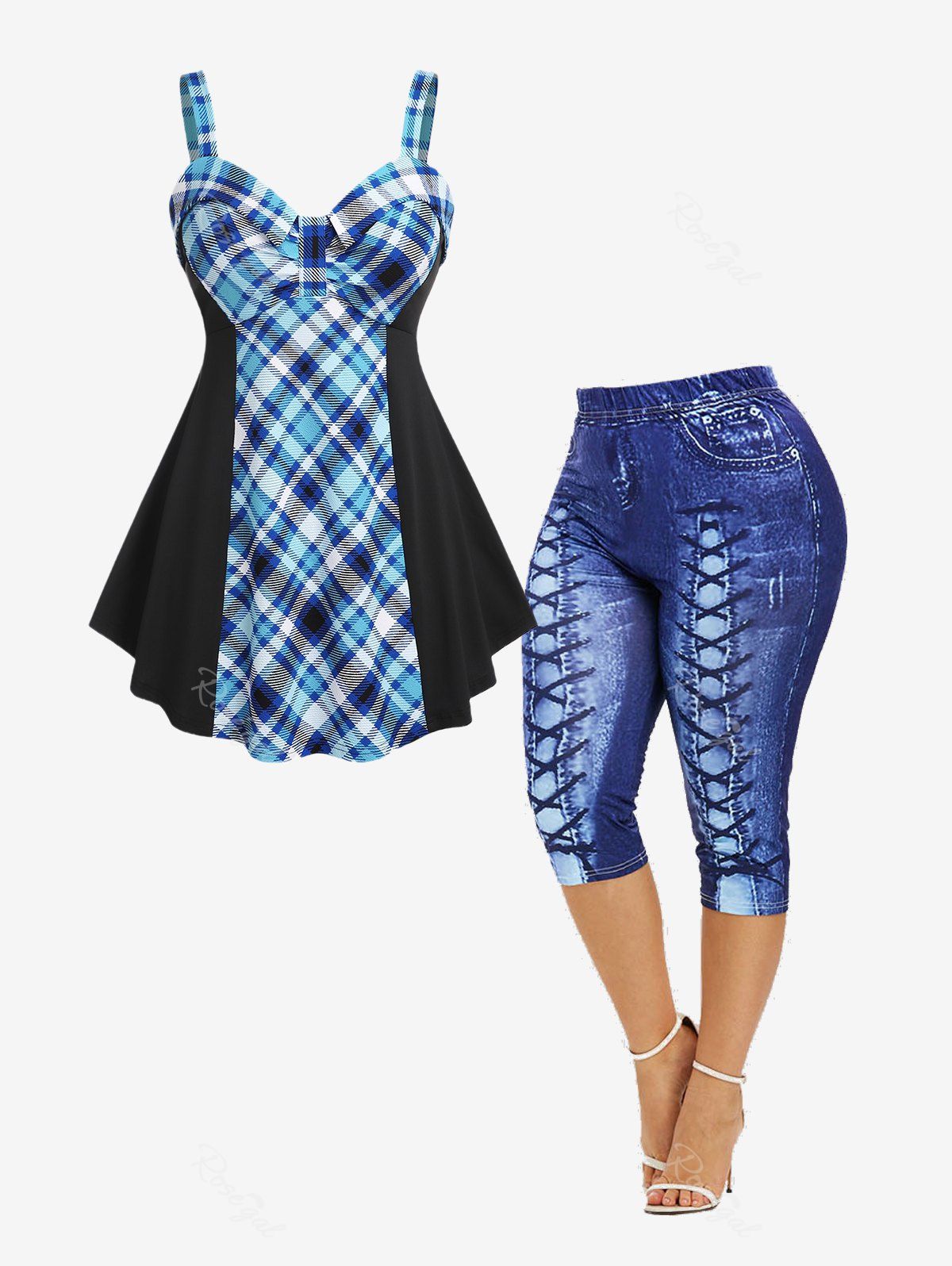 Chic Plaid Knot Tank Top and 3D Lace Up Jean Print Capri Leggings Plus Size Summer Outfit  