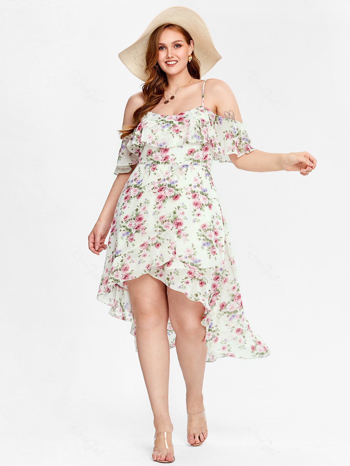 Discount Plus Size Floral Print Cold Shoulder High Low Dress  