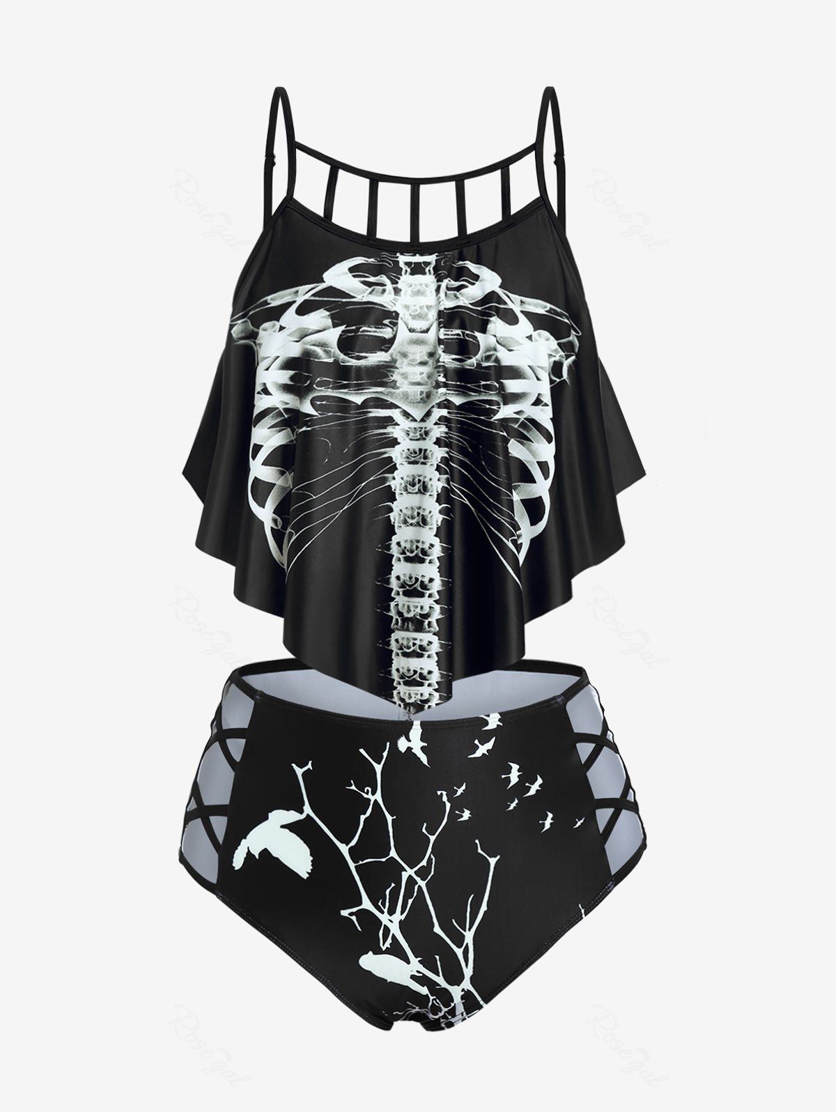 Hot Plus Size Gothic Skeleton Print Ruffled Overlay Cutout Tankini Swimsuit  