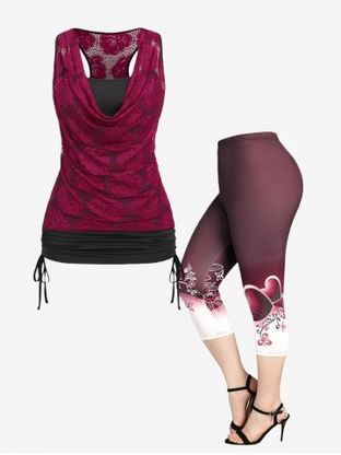Cowl Neck Cinched Lace Tank Top and Capri Leggings Plus Size Summer Outfit
